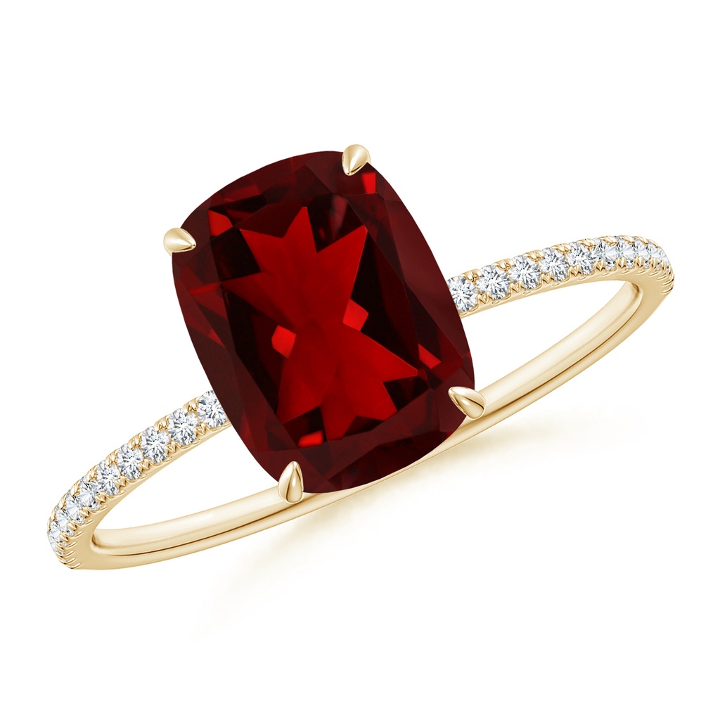 9x7mm AAAA Thin Shank Cushion Cut Garnet Ring With Diamond Accents in Yellow Gold