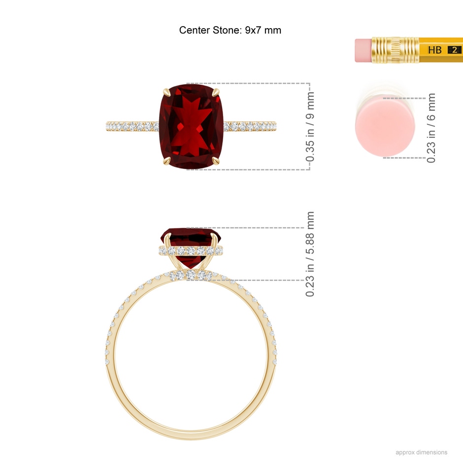 9x7mm AAAA Thin Shank Cushion Cut Garnet Ring With Diamond Accents in Yellow Gold ruler