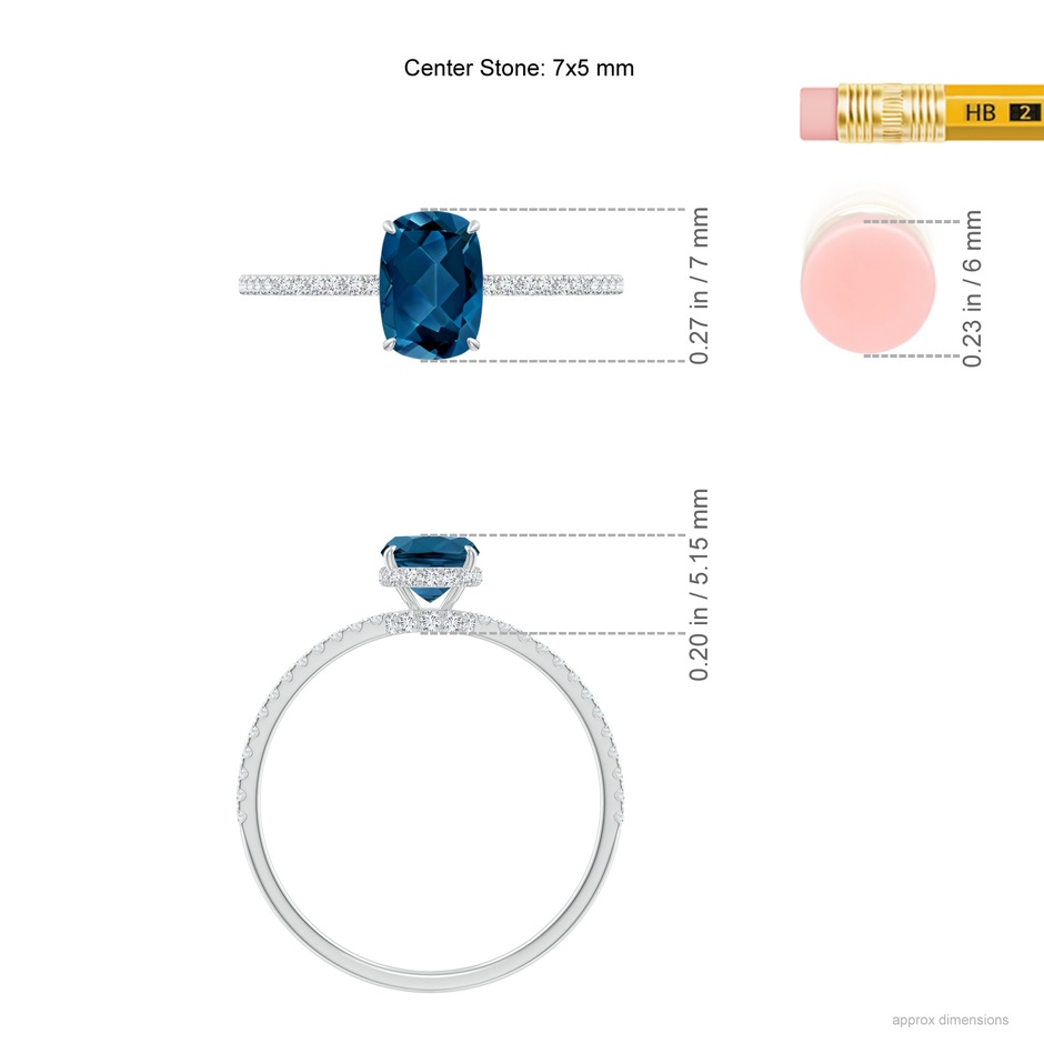 7x5mm AAA Thin Shank Cushion London Blue Topaz Ring with Diamonds in White Gold ruler