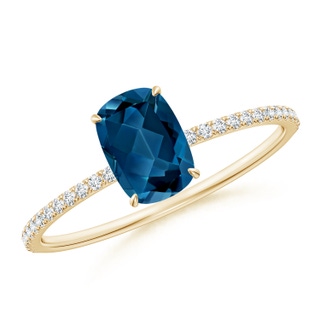 7x5mm AAA Thin Shank Cushion London Blue Topaz Ring with Diamonds in Yellow Gold