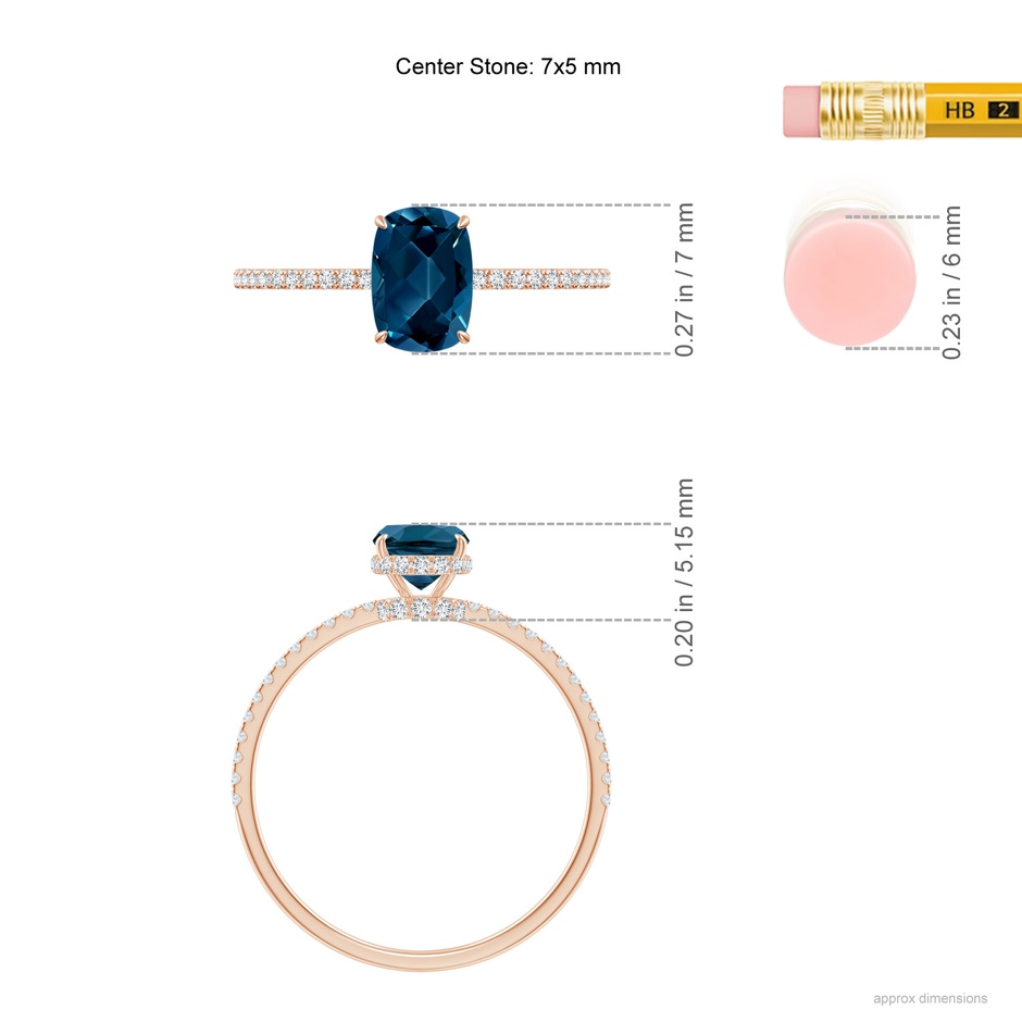 7x5mm AAAA Thin Shank Cushion London Blue Topaz Ring with Diamonds in Rose Gold ruler