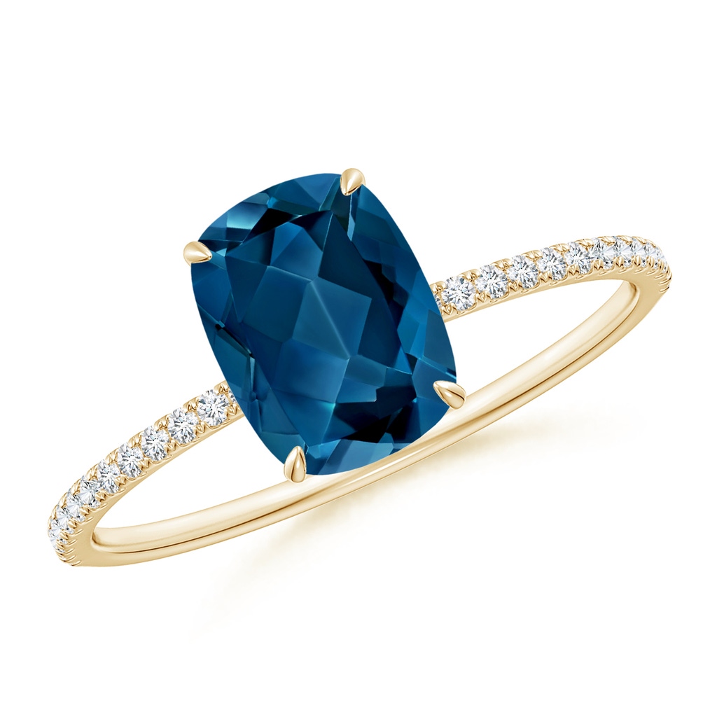 8x6mm AAA Thin Shank Cushion London Blue Topaz Ring with Diamonds in Yellow Gold
