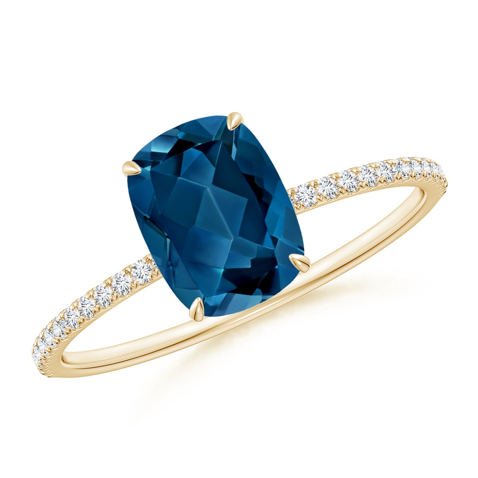 8x6mm AAA Thin Shank Cushion London Blue Topaz Ring with Diamonds in Yellow Gold 