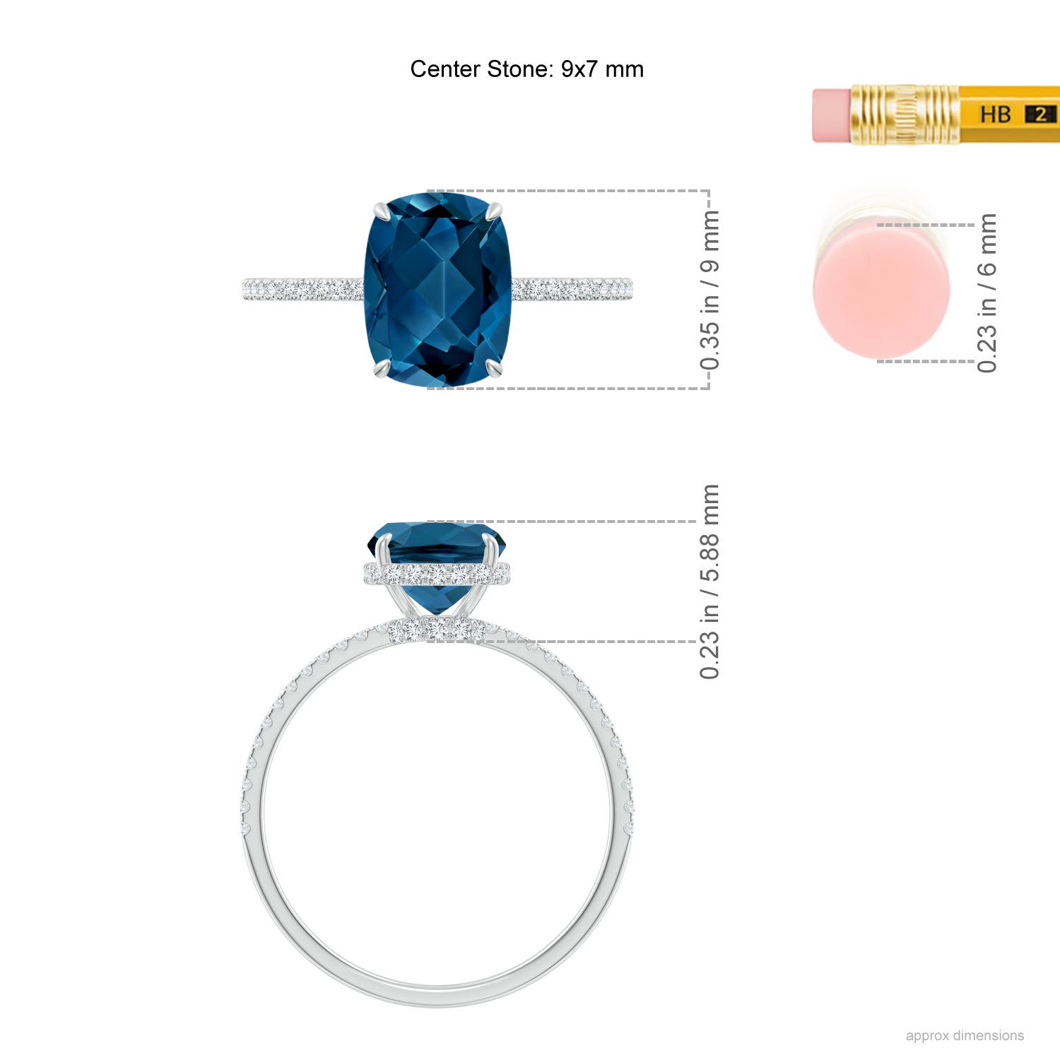 9x7mm AAA Thin Shank Cushion London Blue Topaz Ring with Diamonds in White Gold - ruler