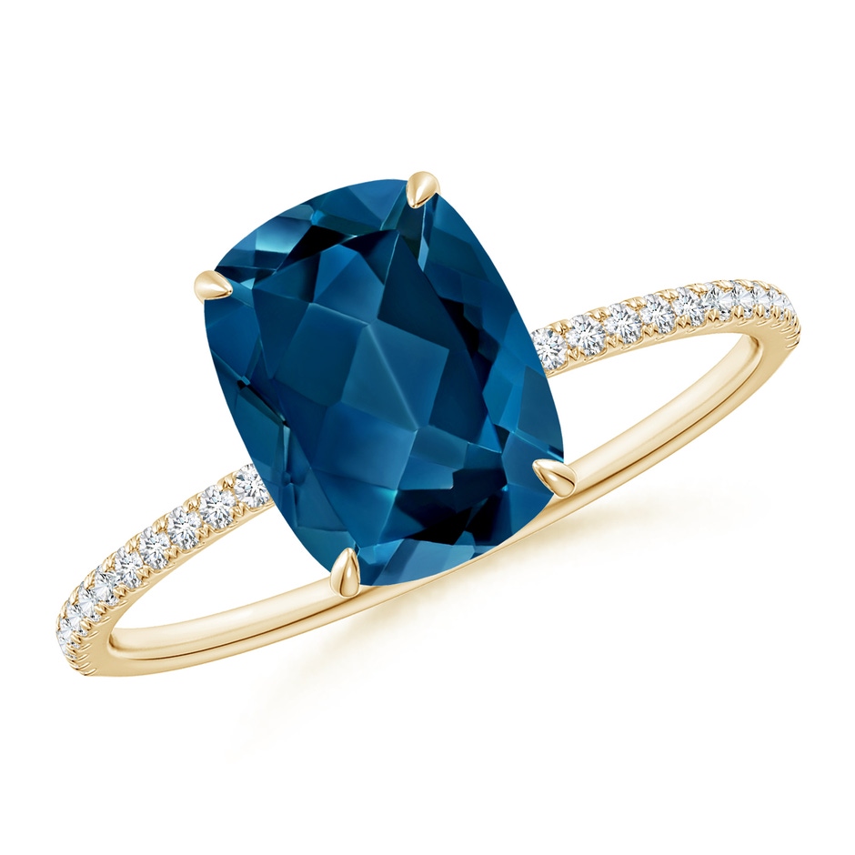 9x7mm AAA Thin Shank Cushion London Blue Topaz Ring with Diamonds in Yellow Gold 