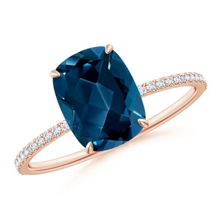 9x7mm AAAA Thin Shank Cushion London Blue Topaz Ring with Diamonds in 18K Rose Gold