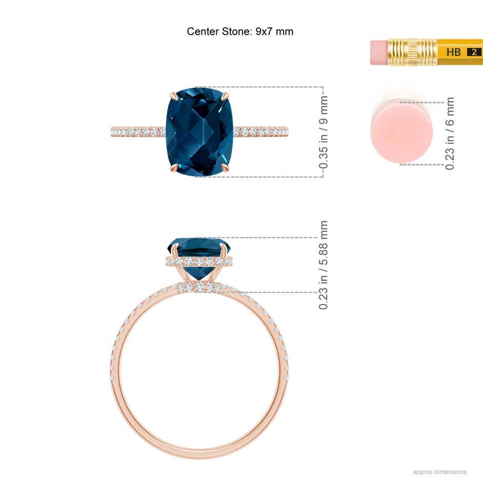 9x7mm AAAA Thin Shank Cushion London Blue Topaz Ring with Diamonds in 18K Rose Gold ruler