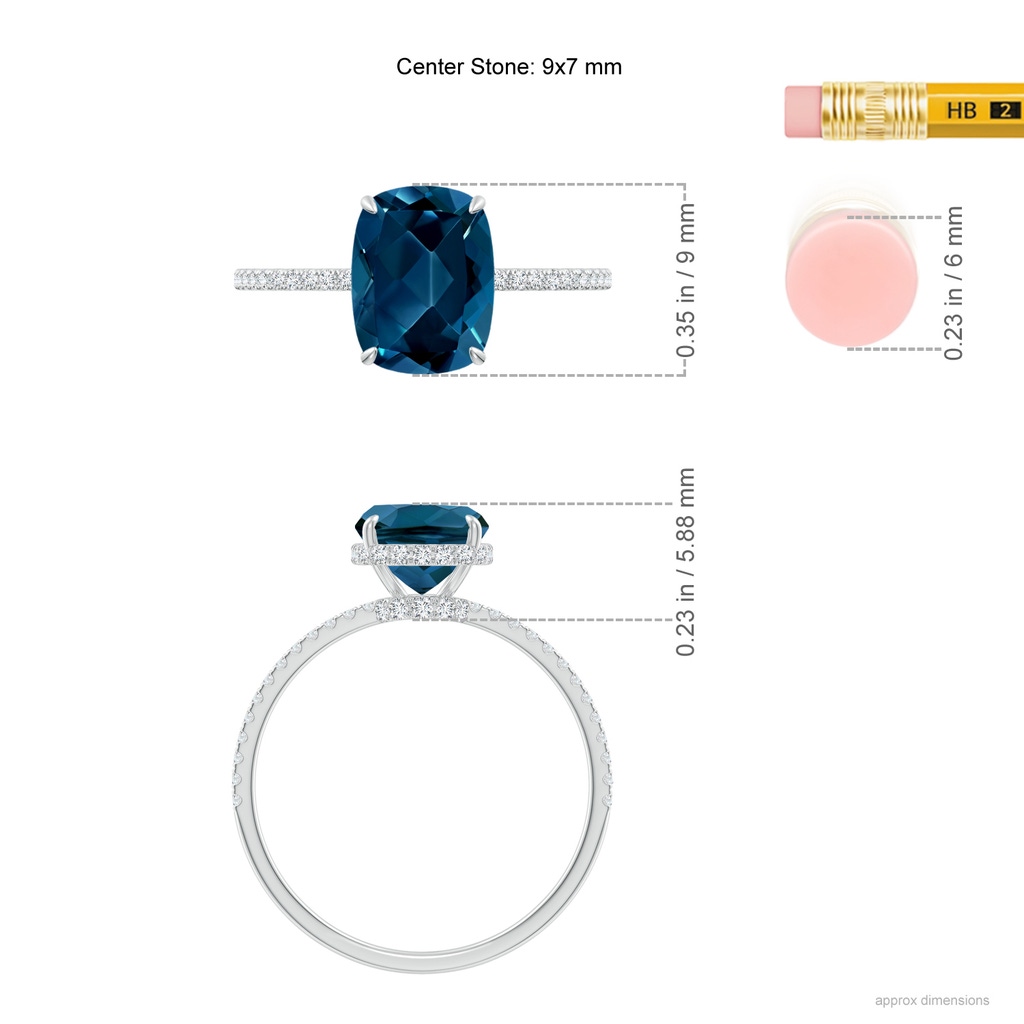 9x7mm AAAA Thin Shank Cushion London Blue Topaz Ring with Diamonds in 18K White Gold Ruler