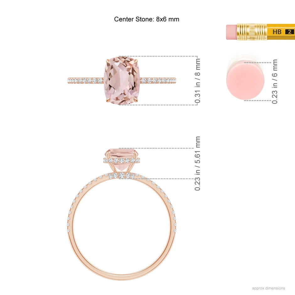 8x6mm AA Thin Shank Cushion Morganite Ring with Diamond Accents in Rose Gold ruler