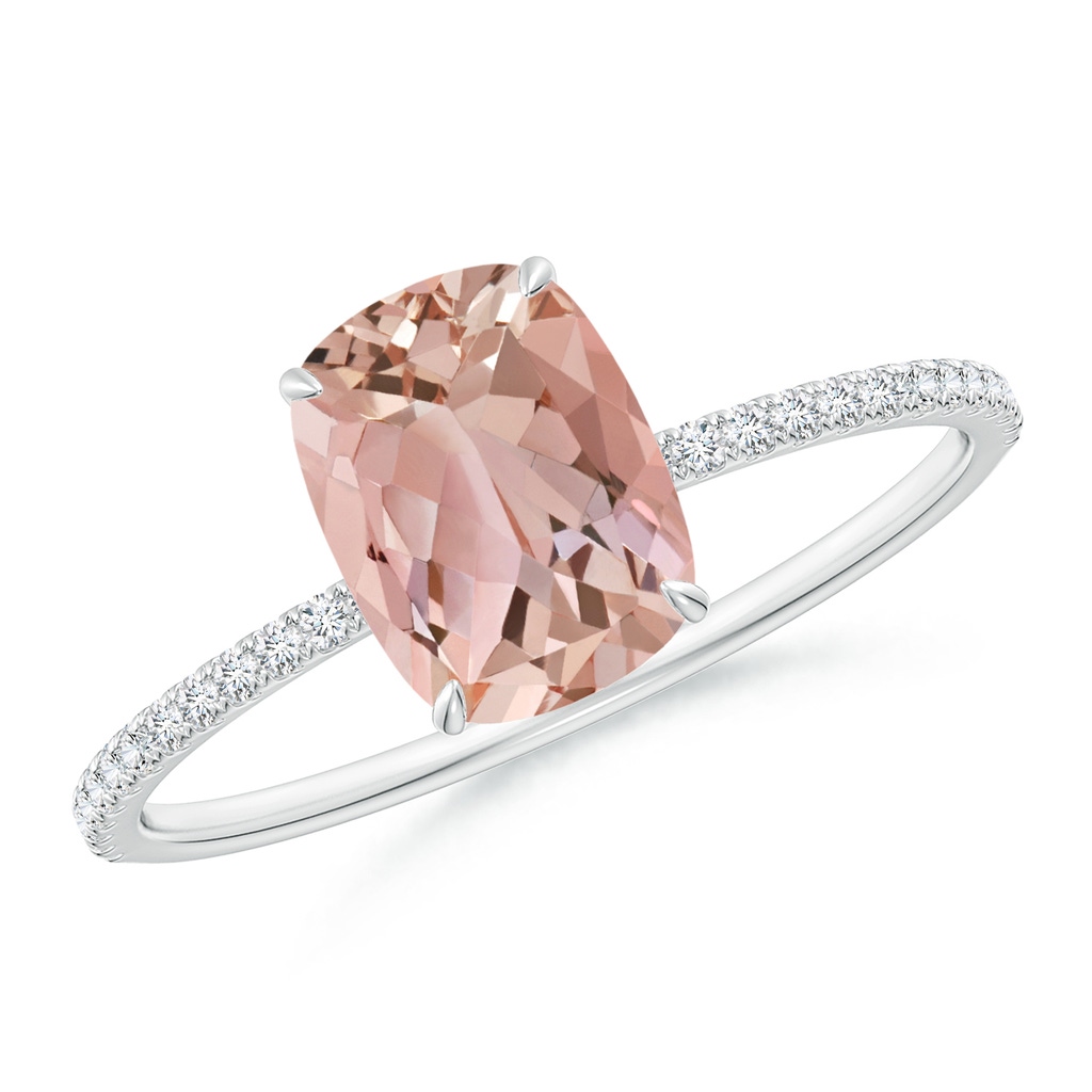 8x6mm AAAA Thin Shank Cushion Morganite Ring with Diamond Accents in 9K White Gold