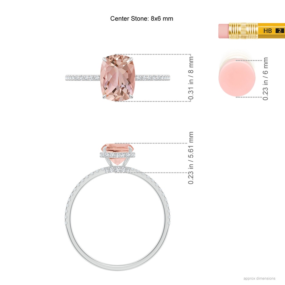 8x6mm AAAA Thin Shank Cushion Morganite Ring with Diamond Accents in 9K White Gold ruler