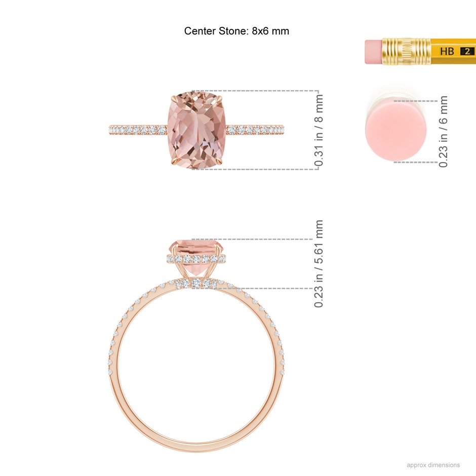 8x6mm AAAA Thin Shank Cushion Morganite Ring with Diamond Accents in Rose Gold ruler