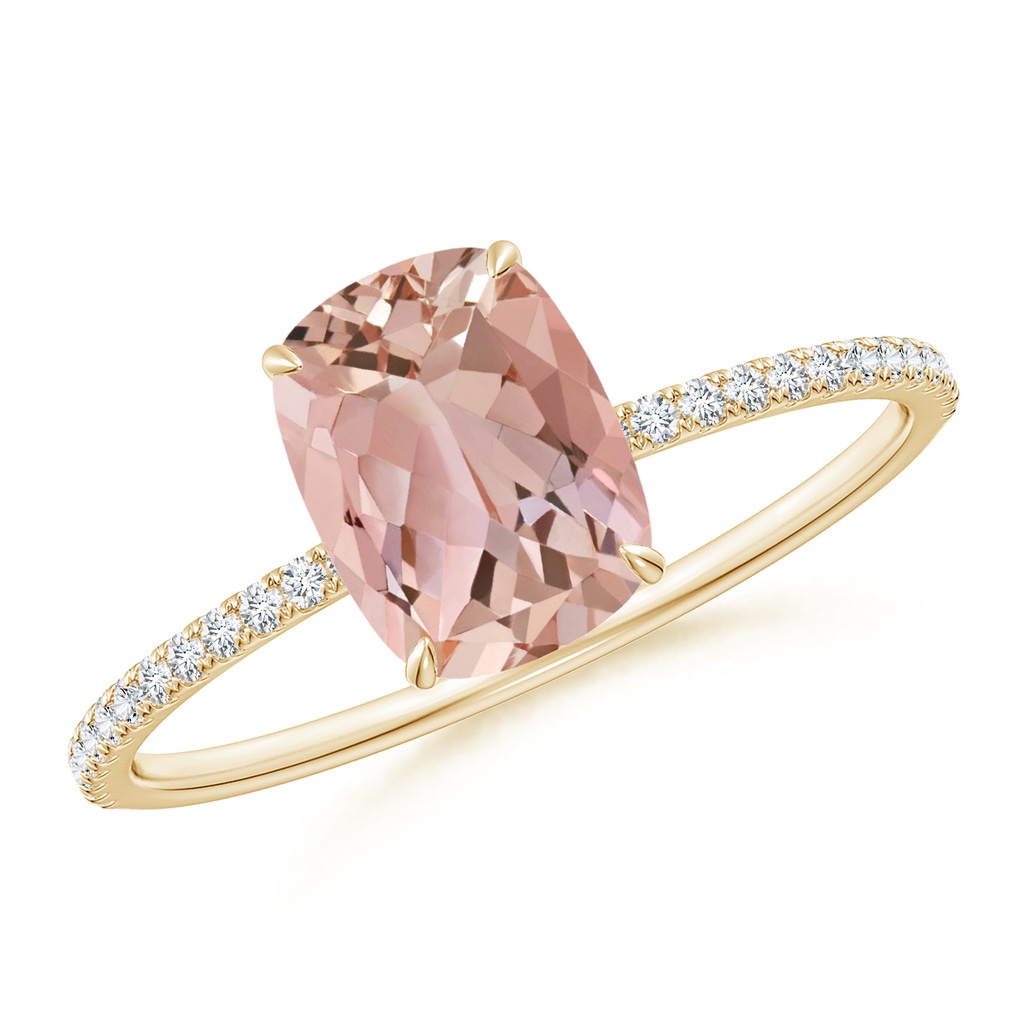 8x6mm AAAA Thin Shank Cushion Morganite Ring with Diamond Accents in Yellow Gold