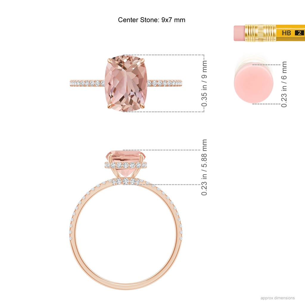 9x7mm AAAA Thin Shank Cushion Morganite Ring with Diamond Accents in Rose Gold Ruler