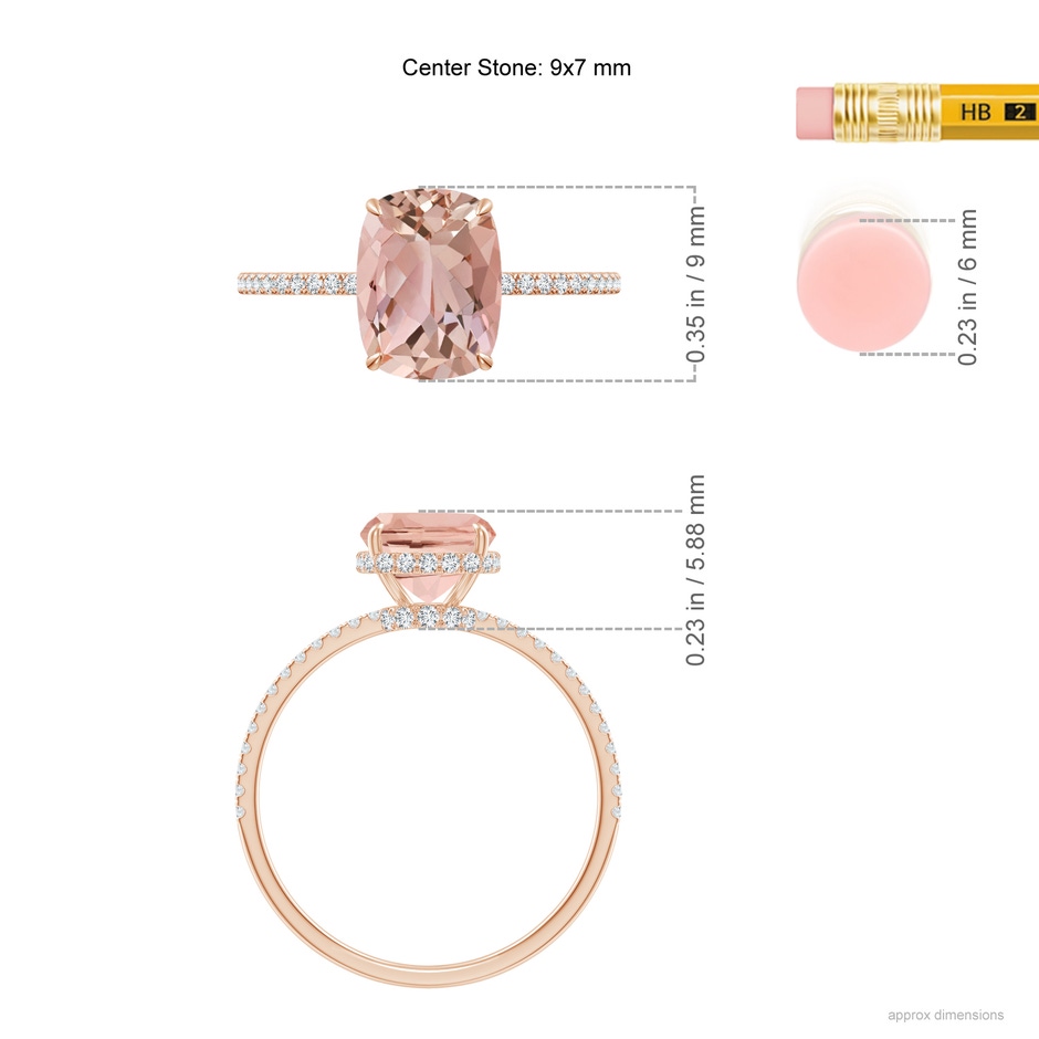 9x7mm AAAA Thin Shank Cushion Morganite Ring with Diamond Accents in Rose Gold ruler