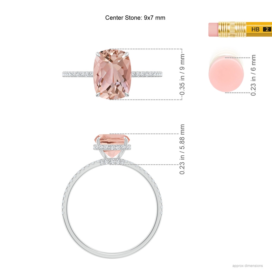 9x7mm AAAA Thin Shank Cushion Morganite Ring with Diamond Accents in White Gold ruler