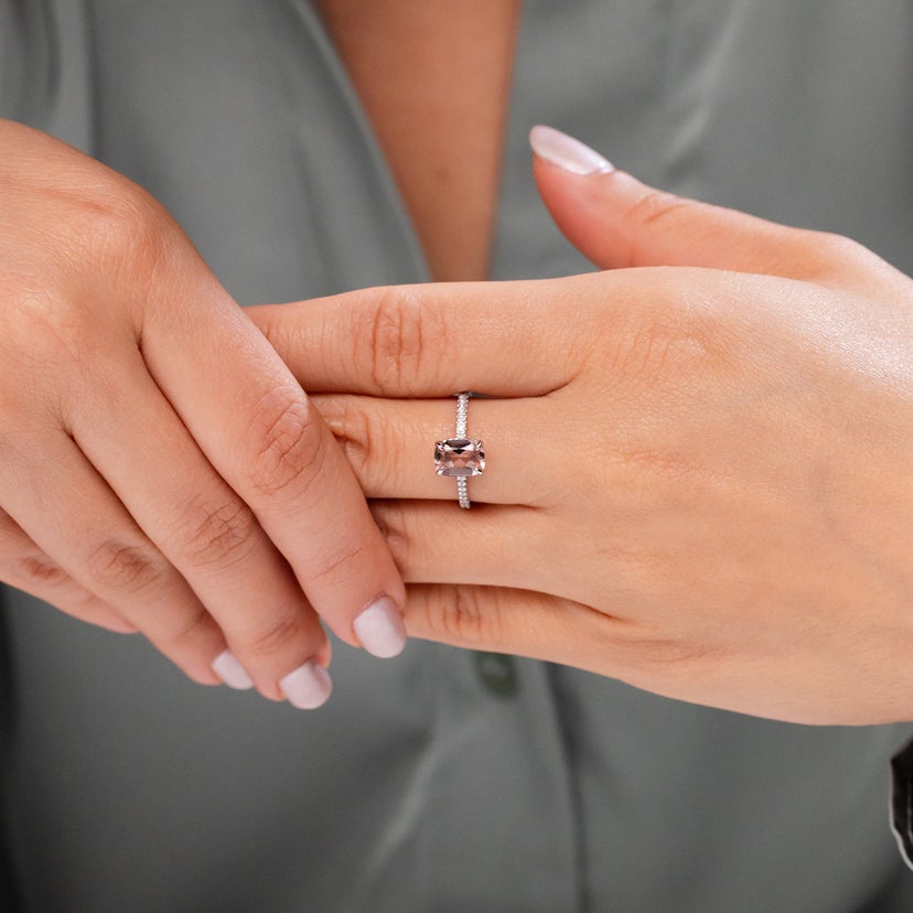 Thin Shank Cushion Morganite Ring with Diamond Accents