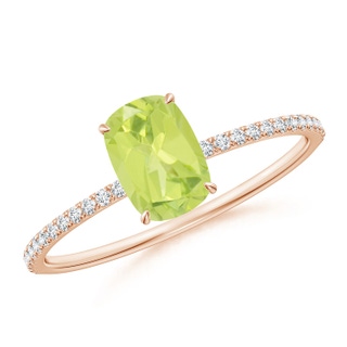7x5mm A Thin Shank Cushion Cut Peridot Ring With Diamond Accents in 9K Rose Gold