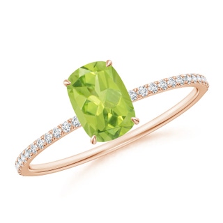 7x5mm AA Thin Shank Cushion Cut Peridot Ring With Diamond Accents in Rose Gold