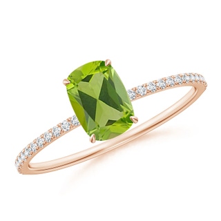 7x5mm AAA Thin Shank Cushion Cut Peridot Ring With Diamond Accents in 10K Rose Gold