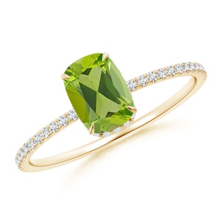 7x5mm AAA Thin Shank Cushion Cut Peridot Ring With Diamond Accents in 9K Yellow Gold