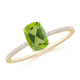 7x5mm AAA Thin Shank Cushion Cut Peridot Ring With Diamond Accents in 9K Yellow Gold