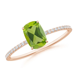 7x5mm AAA Thin Shank Cushion Cut Peridot Ring With Diamond Accents in Rose Gold
