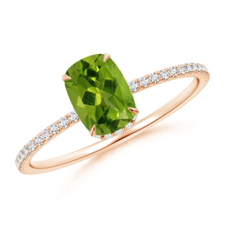 7x5mm AAAA Thin Shank Cushion Cut Peridot Ring With Diamond Accents in 10K Rose Gold