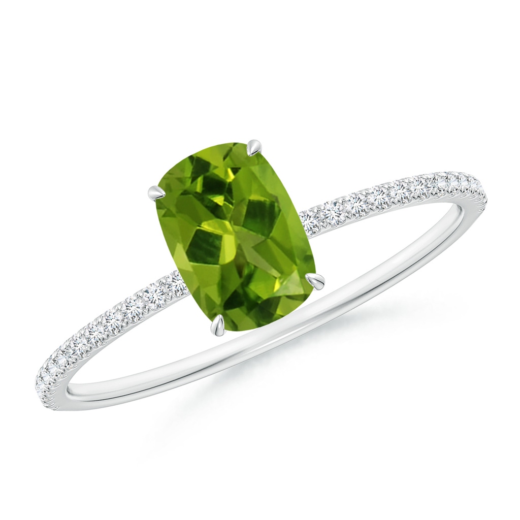 7x5mm AAAA Thin Shank Cushion Cut Peridot Ring With Diamond Accents in White Gold