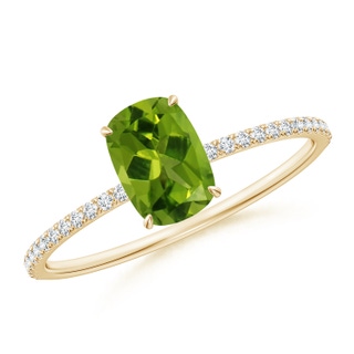 7x5mm AAAA Thin Shank Cushion Cut Peridot Ring With Diamond Accents in Yellow Gold