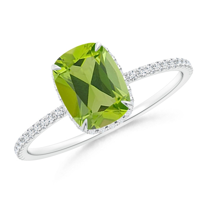 8x6mm AAA Thin Shank Cushion Cut Peridot Ring With Diamond Accents in 9K White Gold 