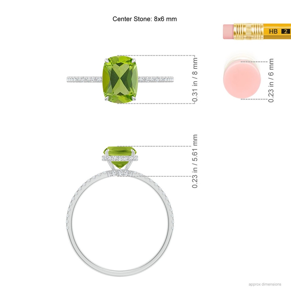 8x6mm AAA Thin Shank Cushion Cut Peridot Ring With Diamond Accents in 9K White Gold ruler