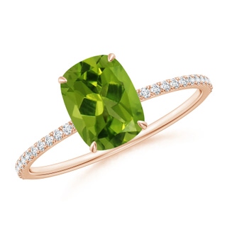 8x6mm AAAA Thin Shank Cushion Cut Peridot Ring With Diamond Accents in Rose Gold