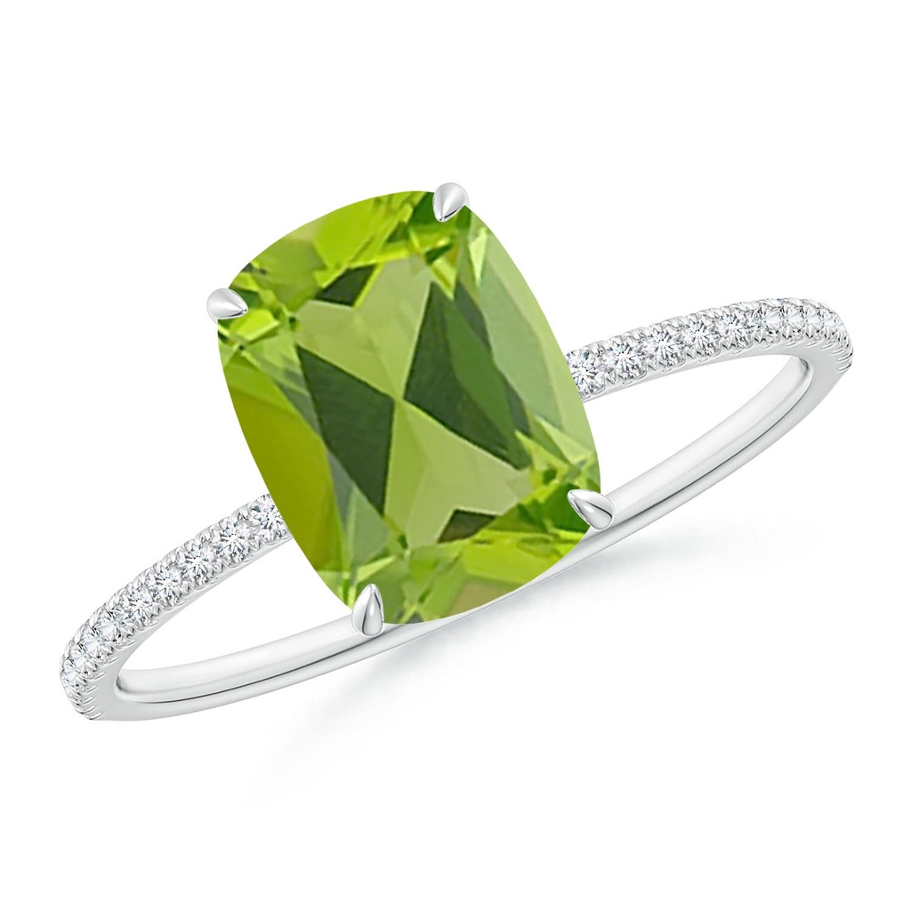 9x7mm AAA Thin Shank Cushion Cut Peridot Ring With Diamond Accents in White Gold