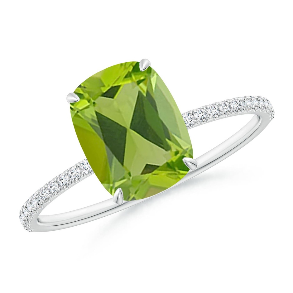 9x7mm AAA Thin Shank Cushion Cut Peridot Ring With Diamond Accents in White Gold 