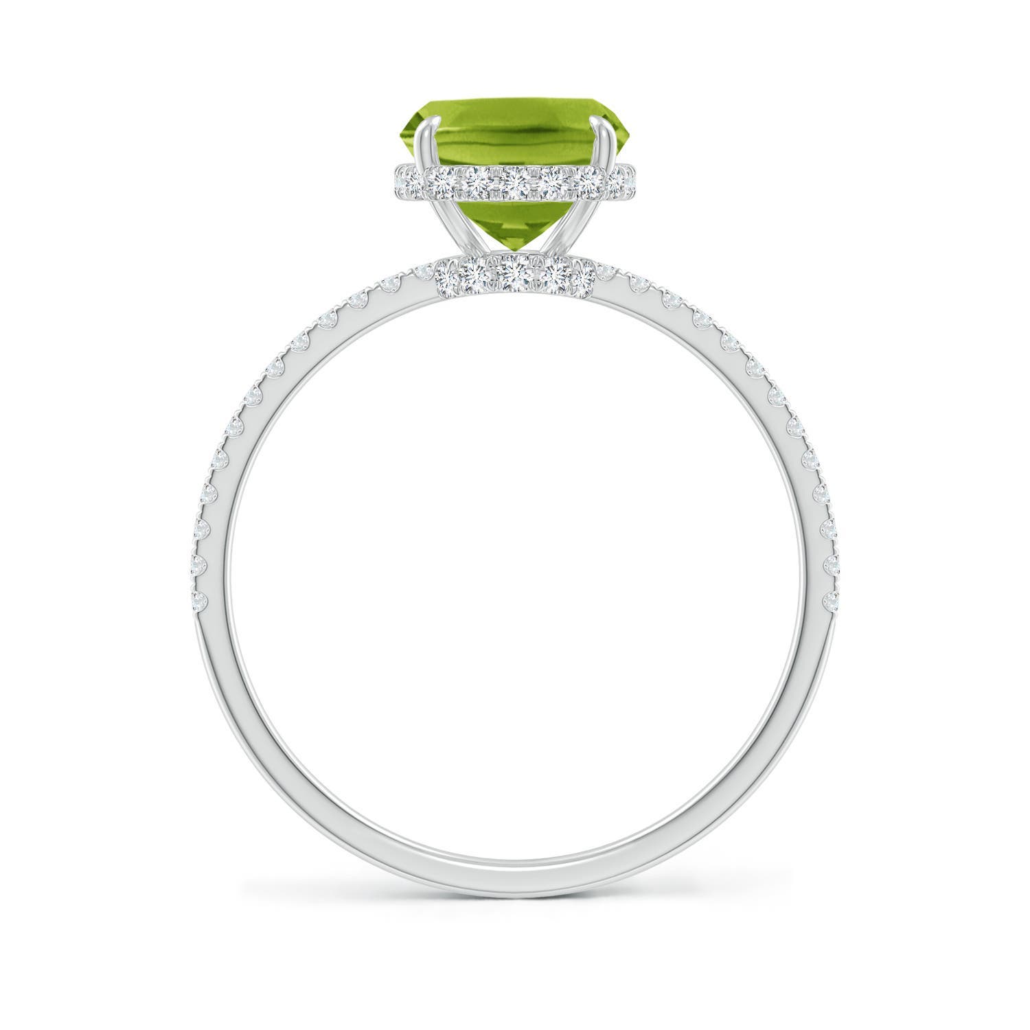 9x7mm AAA Thin Shank Cushion Cut Peridot Ring With Diamond Accents in White Gold - side 3