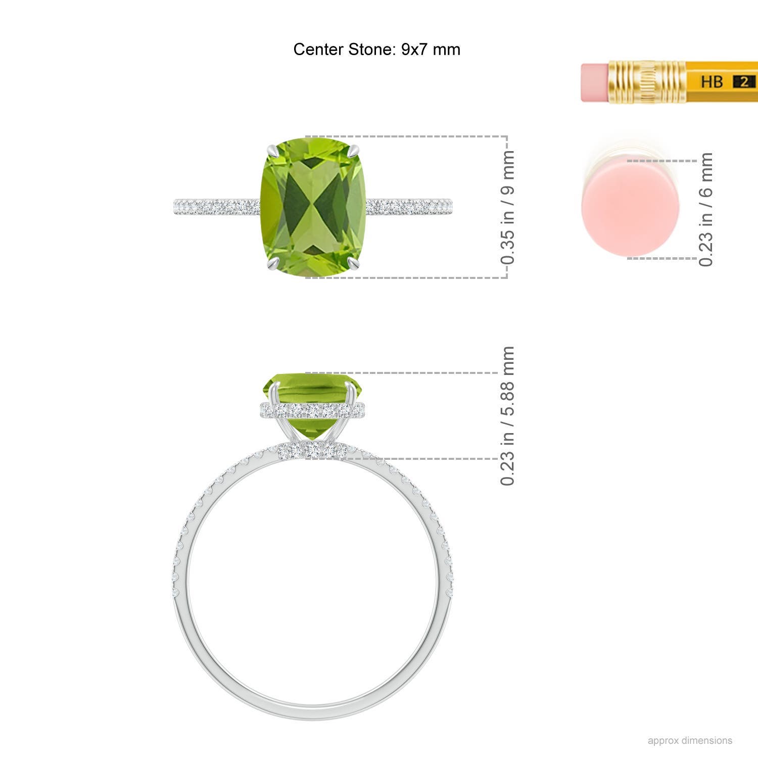 9x7mm AAA Thin Shank Cushion Cut Peridot Ring With Diamond Accents in White Gold - ruler