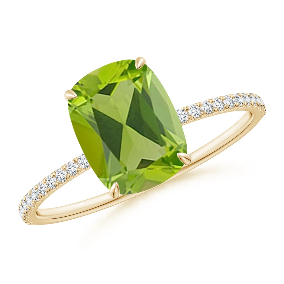 9x7mm AAA Thin Shank Cushion Cut Peridot Ring With Diamond Accents in Yellow Gold 