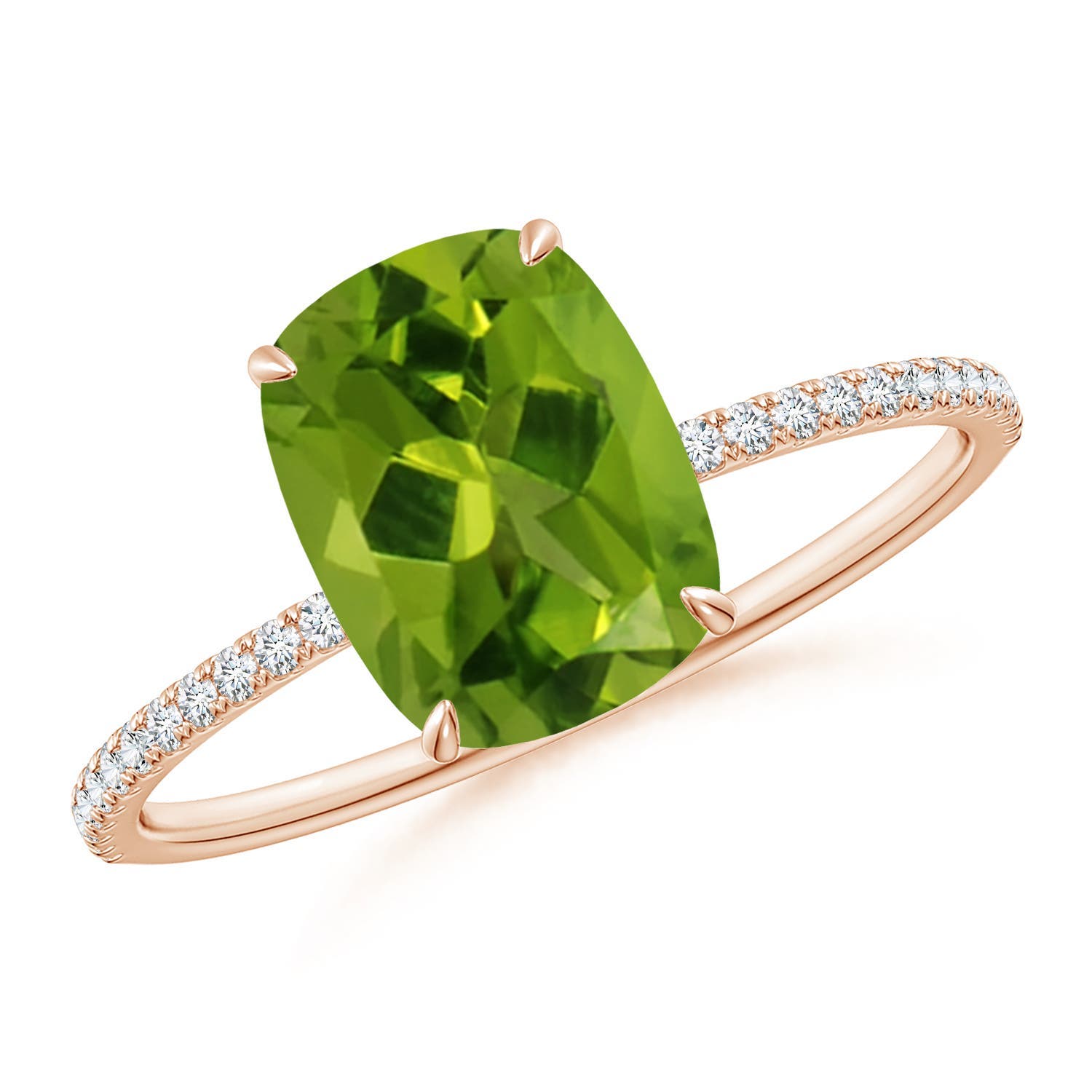 9x7mm AAAA Thin Shank Cushion Cut Peridot Ring With Diamond Accents in 18CT Rose Gold