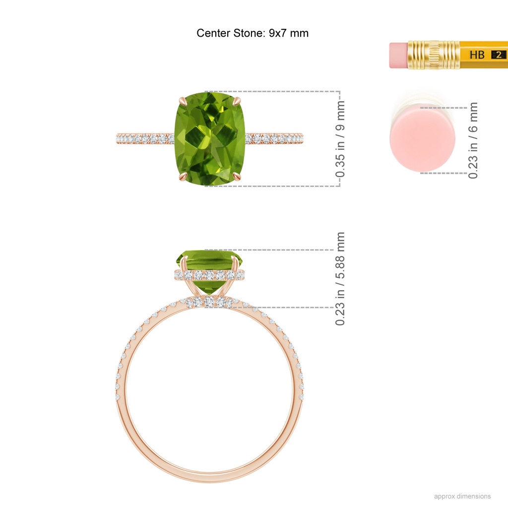 9x7mm AAAA Thin Shank Cushion Cut Peridot Ring With Diamond Accents in Rose Gold Ruler