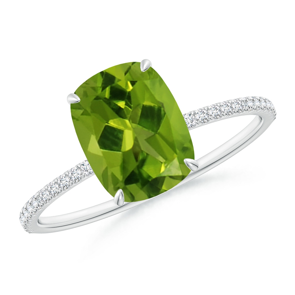9x7mm AAAA Thin Shank Cushion Cut Peridot Ring With Diamond Accents in White Gold