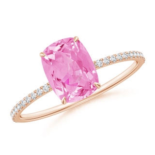 8x6mm A Thin Shank Cushion Pink Sapphire Ring with Diamond Accents in 9K Rose Gold