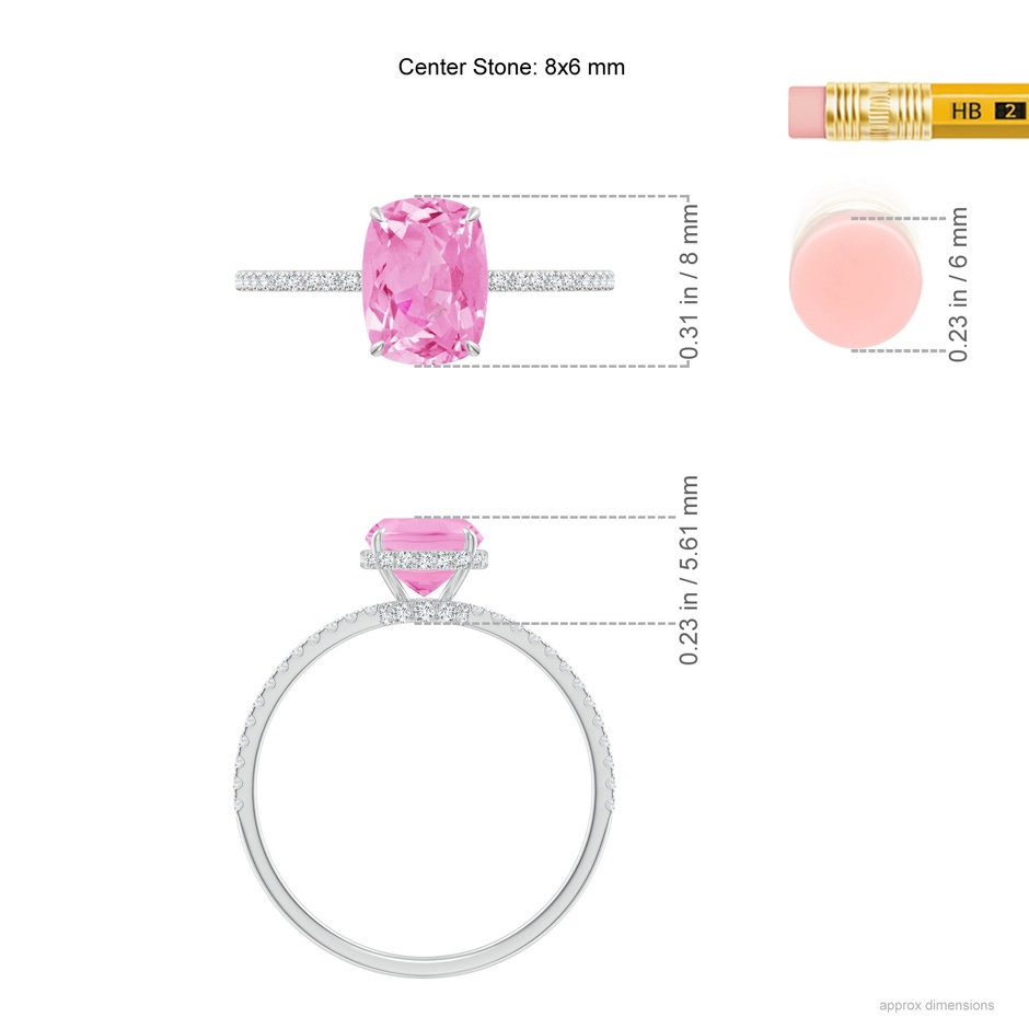 8x6mm A Thin Shank Cushion Pink Sapphire Ring with Diamond Accents in 9K White Gold ruler