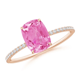 8x6mm AA Thin Shank Cushion Pink Sapphire Ring with Diamond Accents in 9K Rose Gold