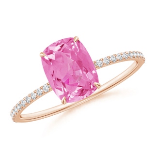 8x6mm AA Thin Shank Cushion Pink Sapphire Ring with Diamond Accents in Rose Gold