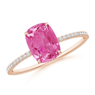 8x6mm AAA Thin Shank Cushion Pink Sapphire Ring with Diamond Accents in 10K Rose Gold
