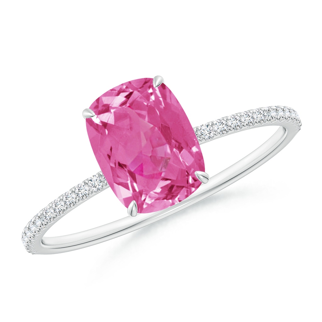 8x6mm AAA Thin Shank Cushion Pink Sapphire Ring with Diamond Accents in White Gold