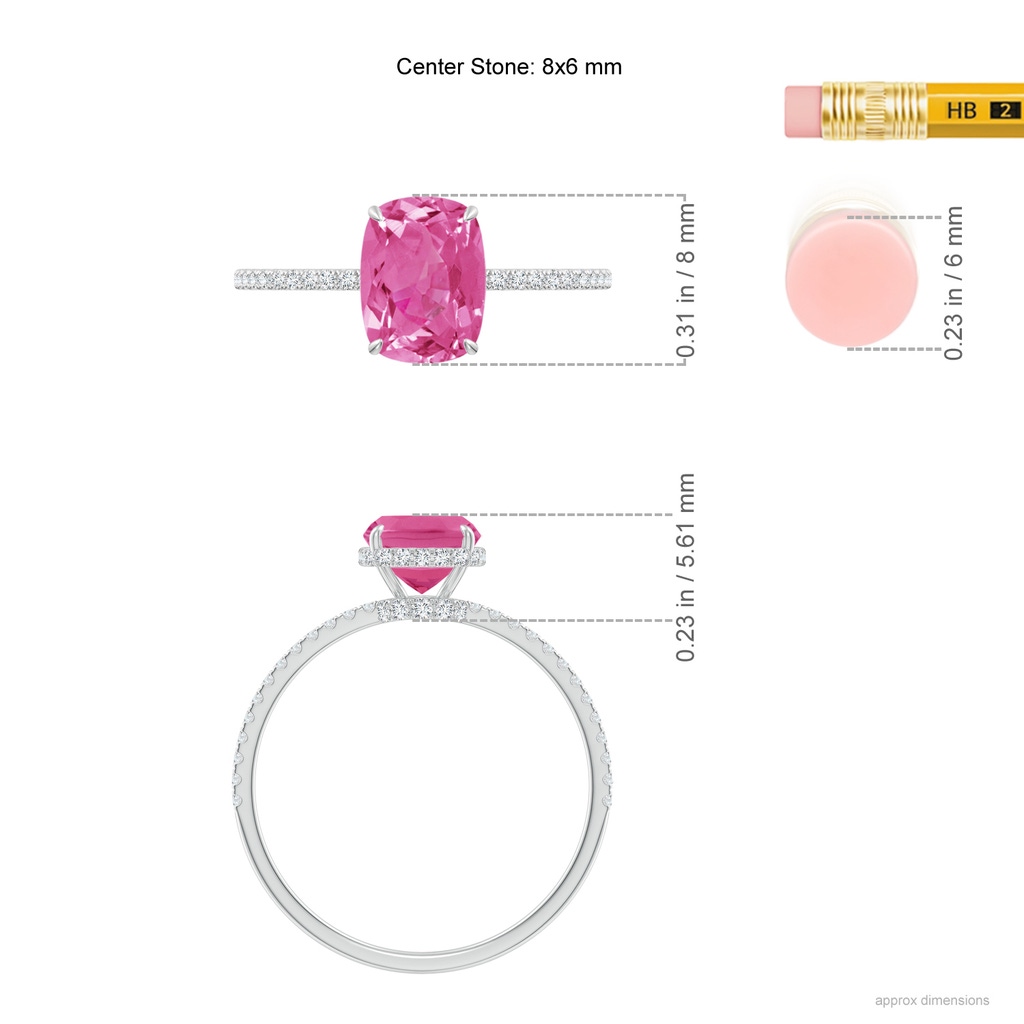 8x6mm AAA Thin Shank Cushion Pink Sapphire Ring with Diamond Accents in White Gold Ruler