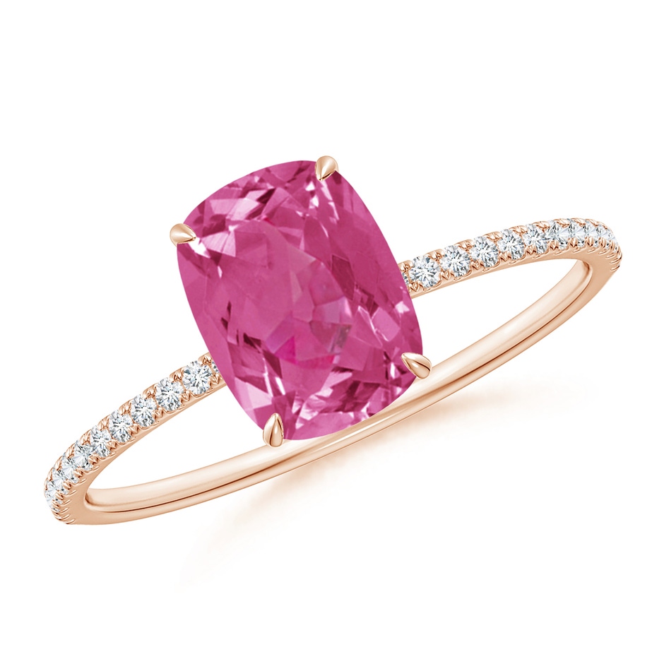 8x6mm AAAA Thin Shank Cushion Pink Sapphire Ring with Diamond Accents in Rose Gold 