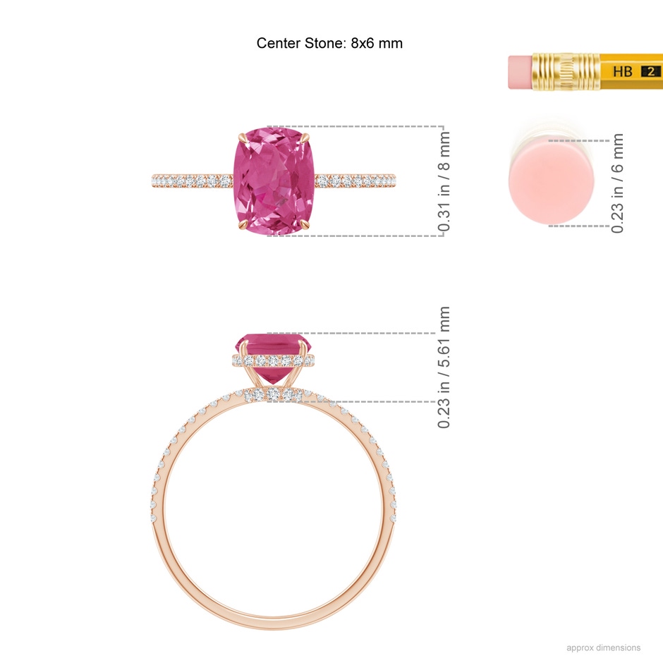 8x6mm AAAA Thin Shank Cushion Pink Sapphire Ring with Diamond Accents in Rose Gold ruler